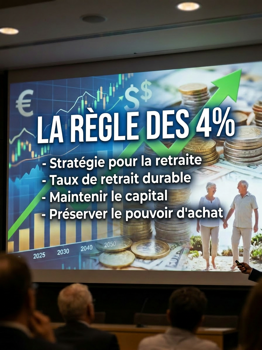 Presentation slide titled 'La rule des 4%' listing five points about retirement strategy in French, with financial symbols and an elderly couple image