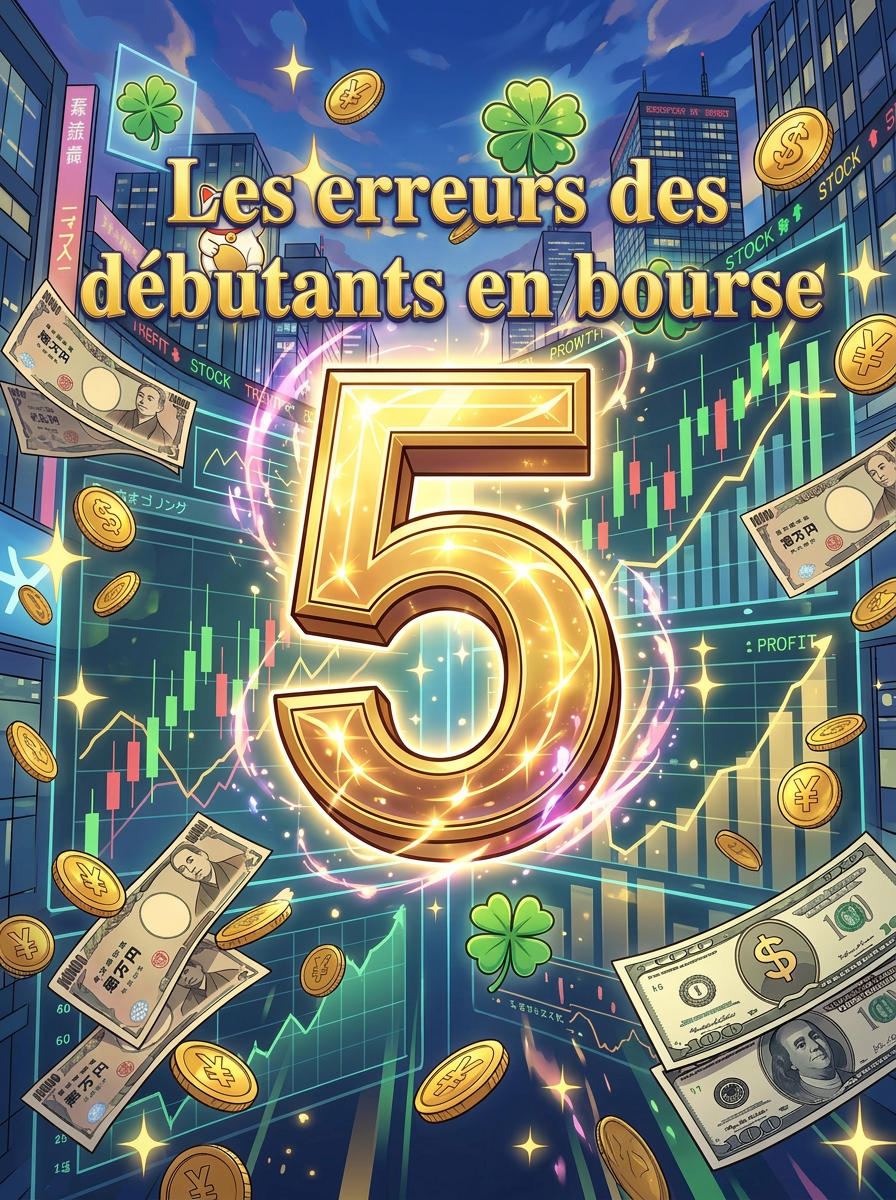 Golden number 5 with flying yen and dollar bills, stock charts, and four-leaf clovers