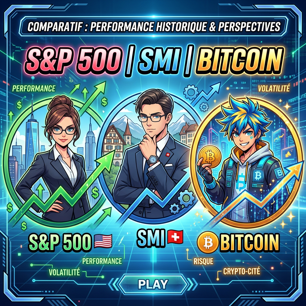 Comparison of S&P 500, SMI, and Bitcoin with illustrated characters and performance graphs