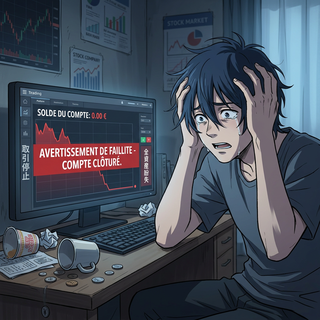 Distressed trader beside screen warning of zero balance and closed account