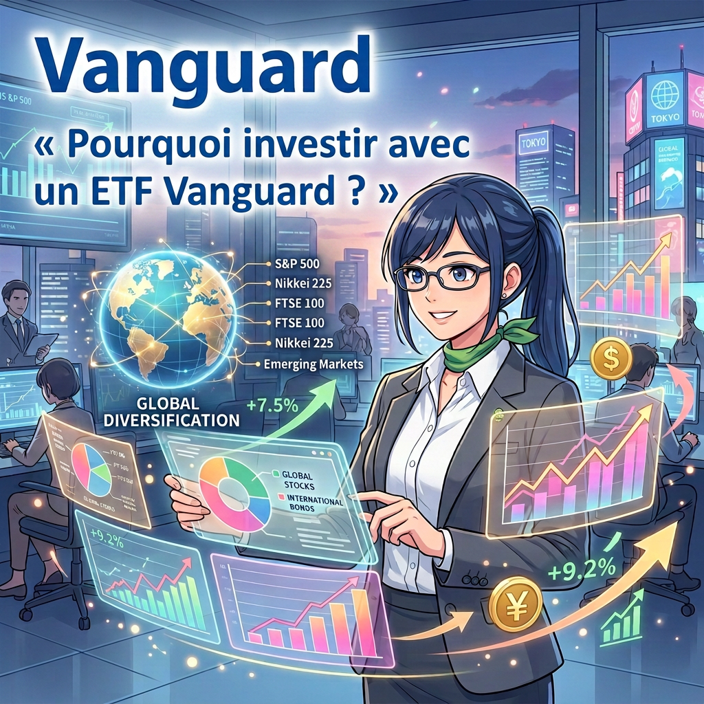 Vanguard; ETF 世界市場投資; 分散投資の世界へ; Global Diversification; S&P 500, Nikkei 225, FTSE 100, Emerging Markets; +7.5%; +9.2%.