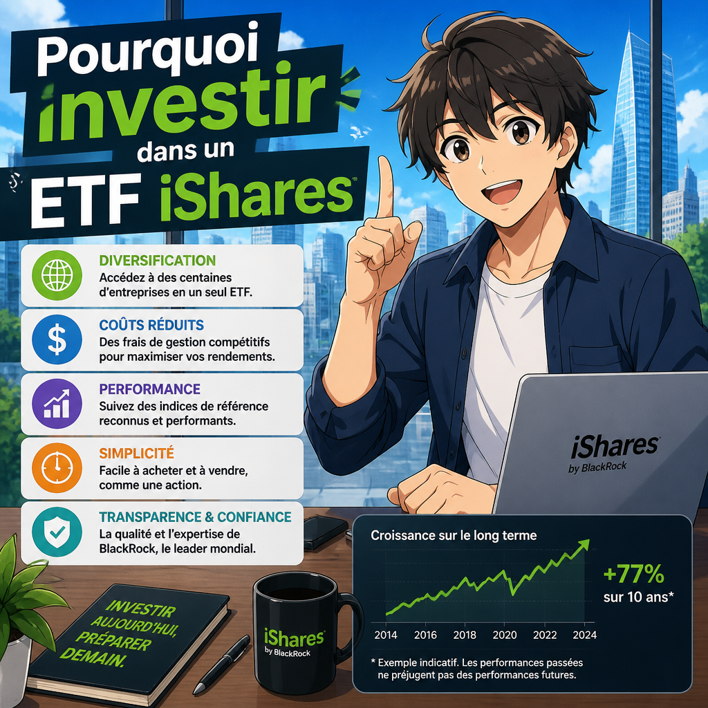 Pourquoi investir dans un ETF iShares; diversification, coûts réduits, performance, simplicité, transparence et confiance; croissance sur le long terme, +77% sur 10 ans.