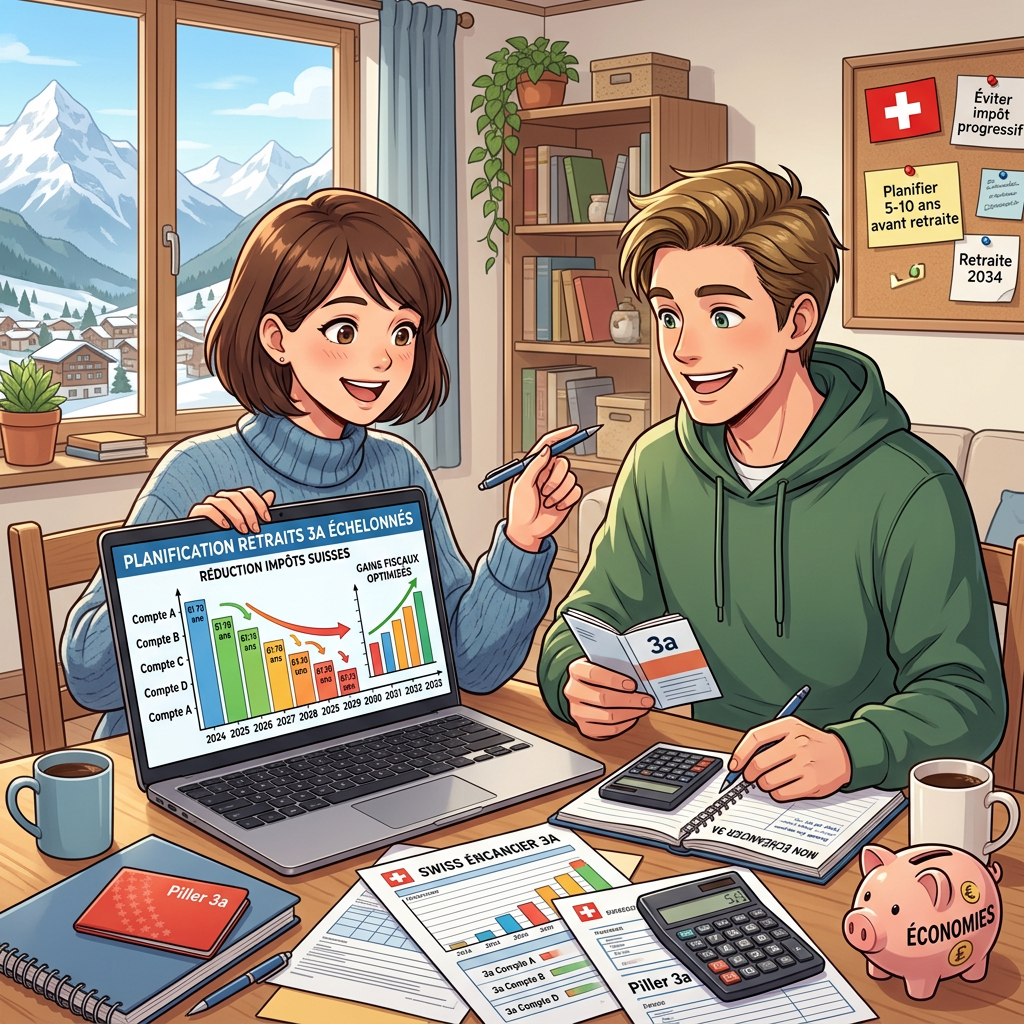 Couple reviewing Swiss retirement planning charts and financial documents