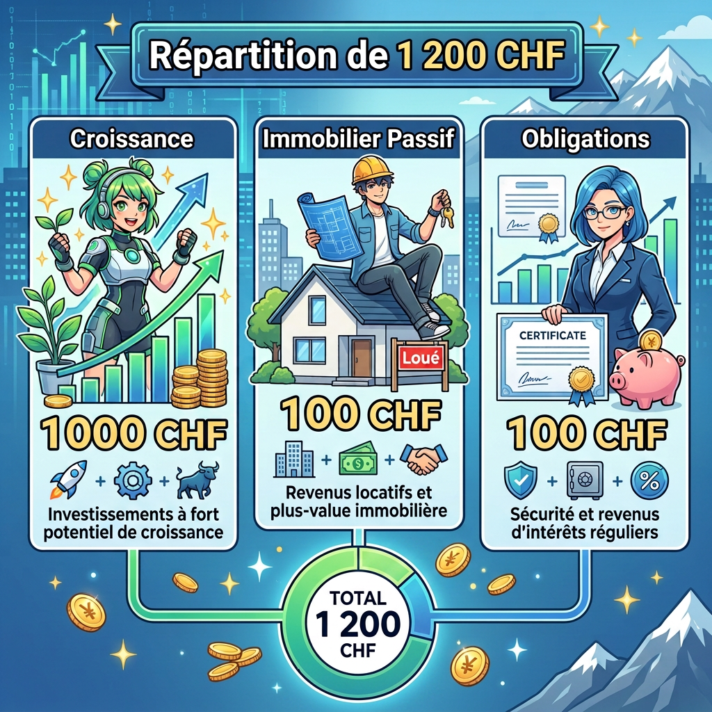 Infographic showing 1,200 CHF divided into 600 CHF growth, 400 CHF real estate, and 200 CHF bonds