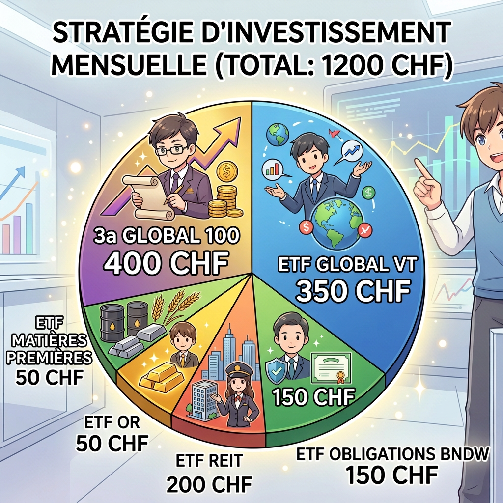 Infographie «STRATÉGIE D’INVESTISSEMENT MENSUELLE (TOTAL: 1200 CHF)» : ETF Global 100 400 CHF, ETF Global VT 350 CHF, ETF obligations BNDW 150 CHF, ETF REIT 100 CHF, ETF or 50 CHF et ETF matières premières 50 CHF.