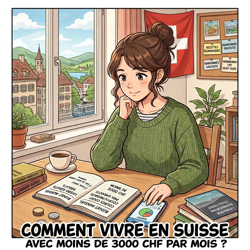 Woman budgeting at home; text reads “COMMENT VIVRE EN SUISSE AVEC MOINS DE 3000 CHF PAR MOIS ?”