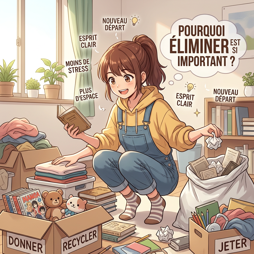 Femme désencombrant son intérieur avec les mots « DONNER », « RECYCLER », « JETER » et « POURQUOI ÉLIMINER EST SI IMPORTANT ? »