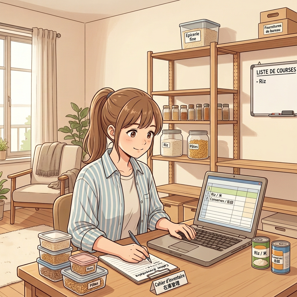 Woman organizing labeled pantry supplies beside laptop and inventory checklist