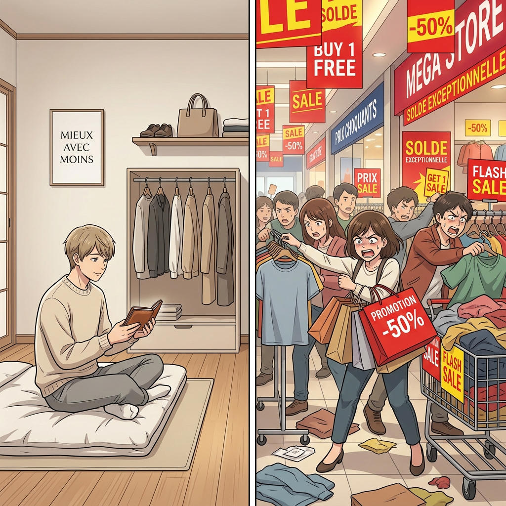 Shoppers browsing clothing beneath signs advertising sales and special offers